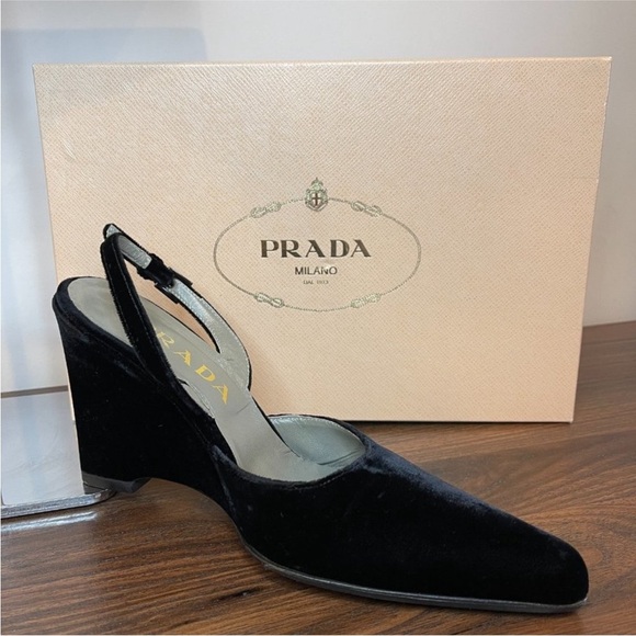 Prada Black velvet Slingback wedge Heels - Picture 7 of 11